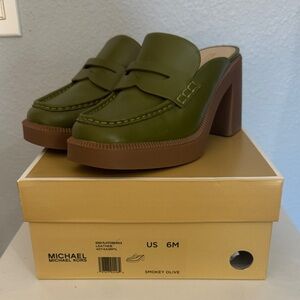 Michael Kors Olive Green Mules with Brown Heel